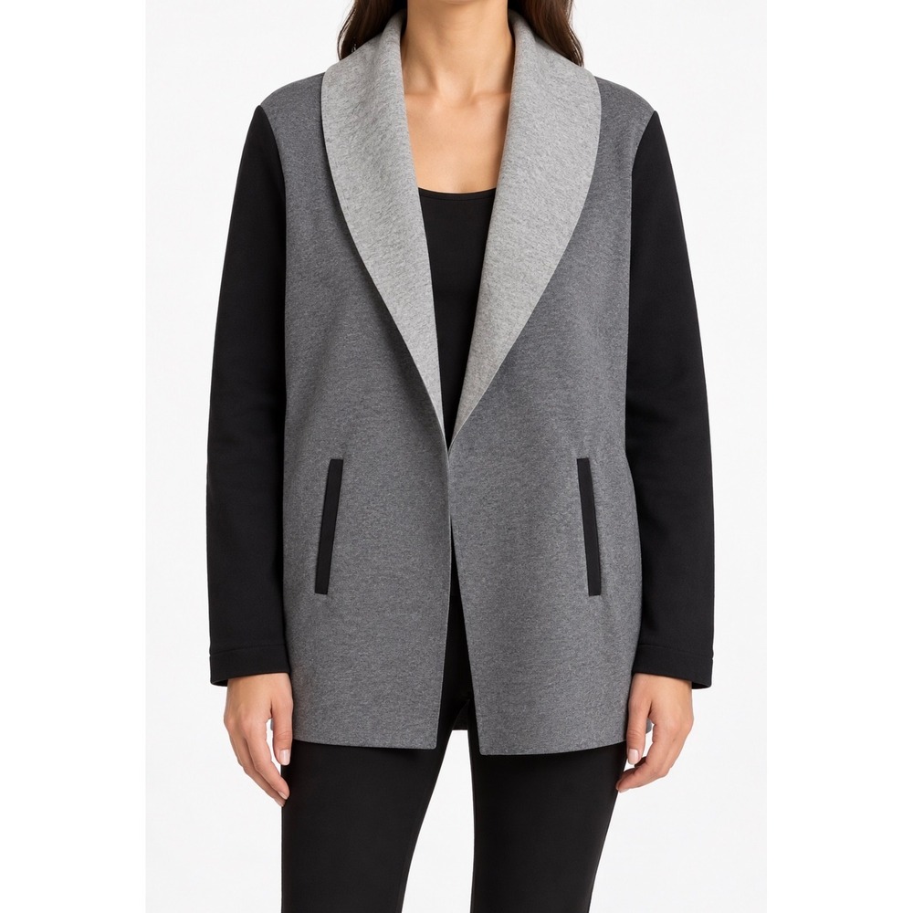 Joan Vass New York XL Gray Black Colorblock Shawl Collar Knit Blazer Cardigan